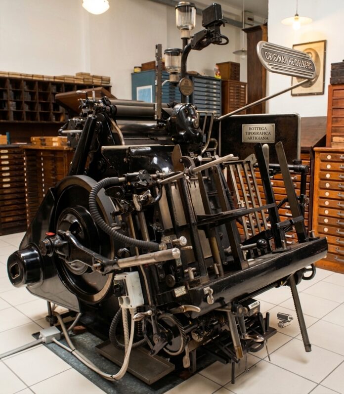 Macchina da stampa a platina Original Heidelberg, simbolo della tradizione e della manifattura tipografica artigiana